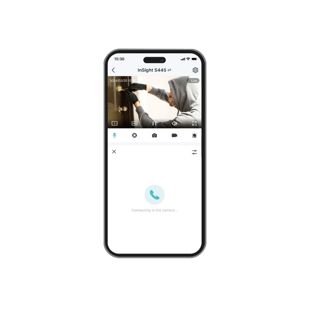 Telefoon met live beeld; de tweewegaudio maakt verbinding met de camera