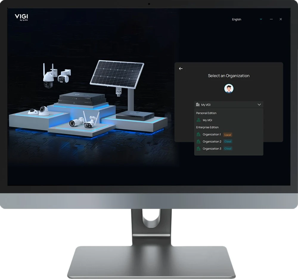 VIGI PC Client op een breed scherm: het startscherm met de productafbeelding en het venster Select an Organization