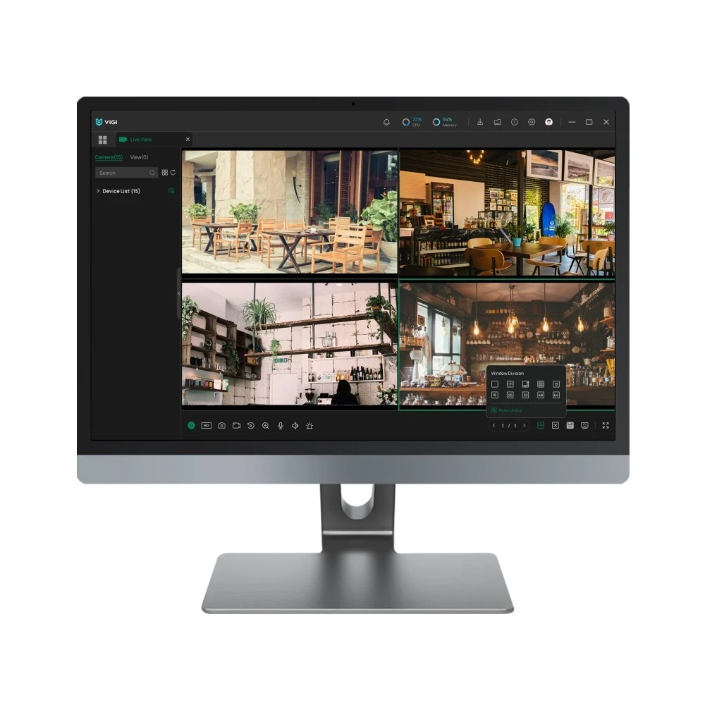 PC Client Live View met vier camerabeelden en de bedieningsbalk eronder