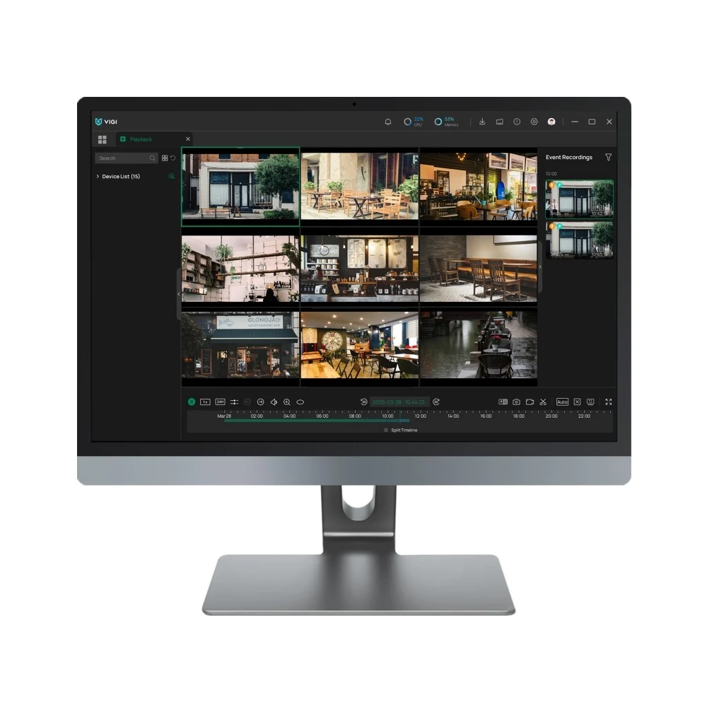 PC Client Playback met zes beelden, de gebeurtenissenlijst rechts en een tijdbalk onderaan