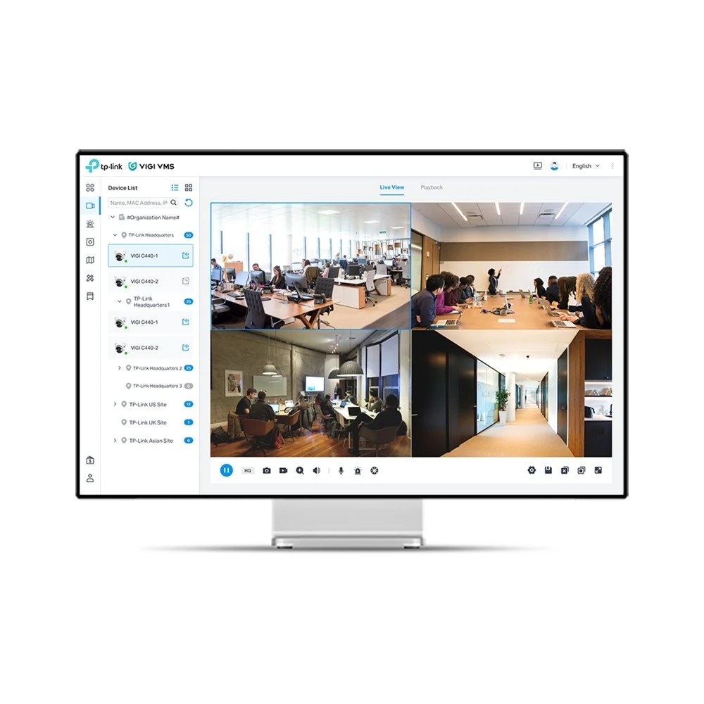 VIGI VMS in de browser op een monitor: cameralijst links en vier live beelden van kantoorruimtes