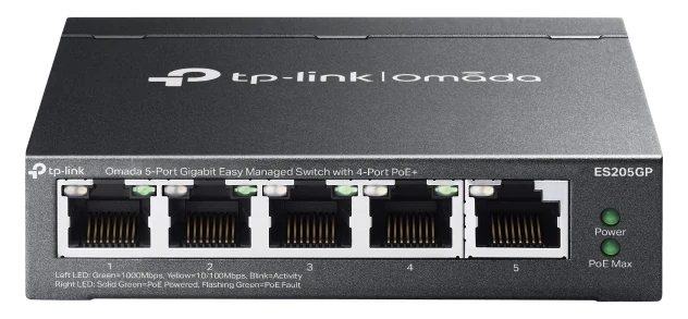 TP-Link Omada ES205GP PoE-switch van voren, met vier PoE-poorten en een vijfde netwerkpoort