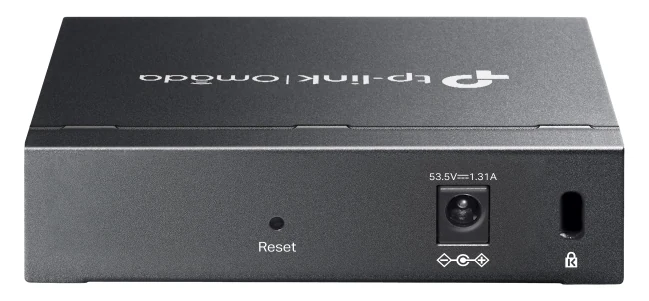 De achterkant van de ES205GP: aansluiting voor de adapter, resetknop en een gat voor een kabelslot