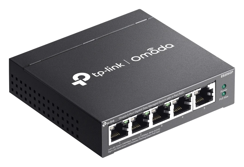 De ES205GP schuin van boven, met het logo van TP-Link Omada
