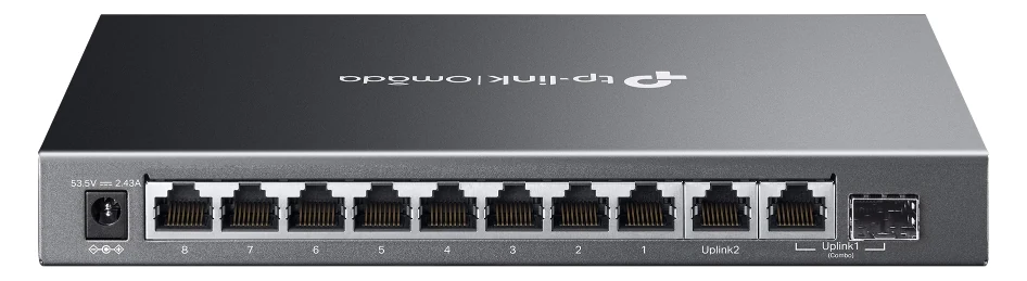 TP-Link Omada ES210GMP PoE-switch van achteren, met acht PoE-poorten, twee uplinkpoorten en een SFP-sleuf