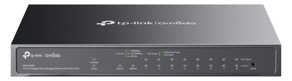 De voorkant van de ES210GMP met een statuslampje per poort en de resetknop