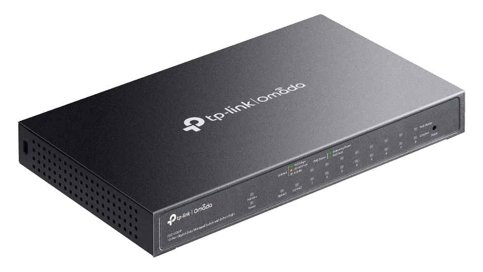 De ES210GMP schuin van boven, met het logo van TP-Link Omada