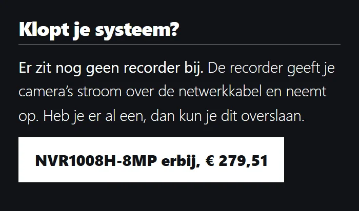 Schermafdruk uit onze winkelwagen: het blok Klopt je systeem? zegt wat er nog ontbreekt, met een knop om het erbij te leggen