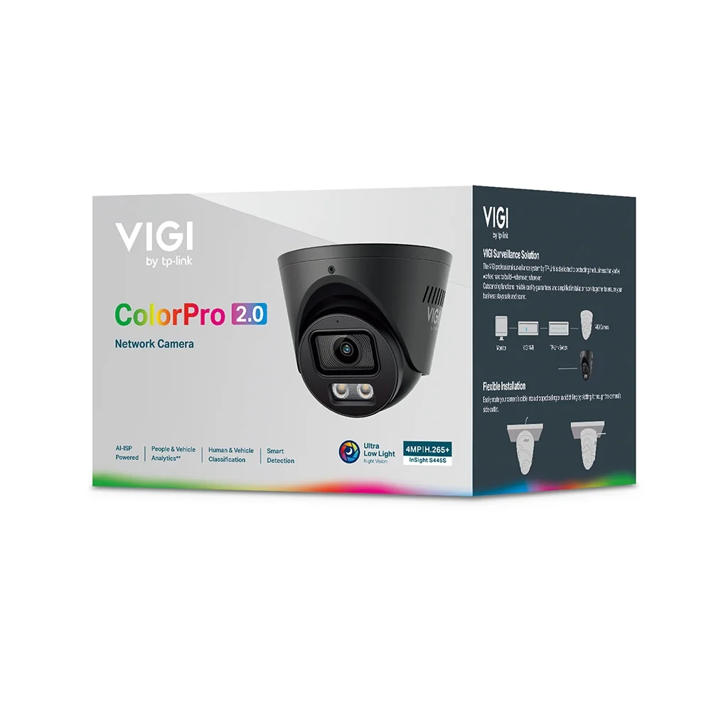 Doos van de zwarte VIGI InSight S445S met ColorPro 2.0 op de voorkant, met de zwarte turretcamera erop afgebeeld