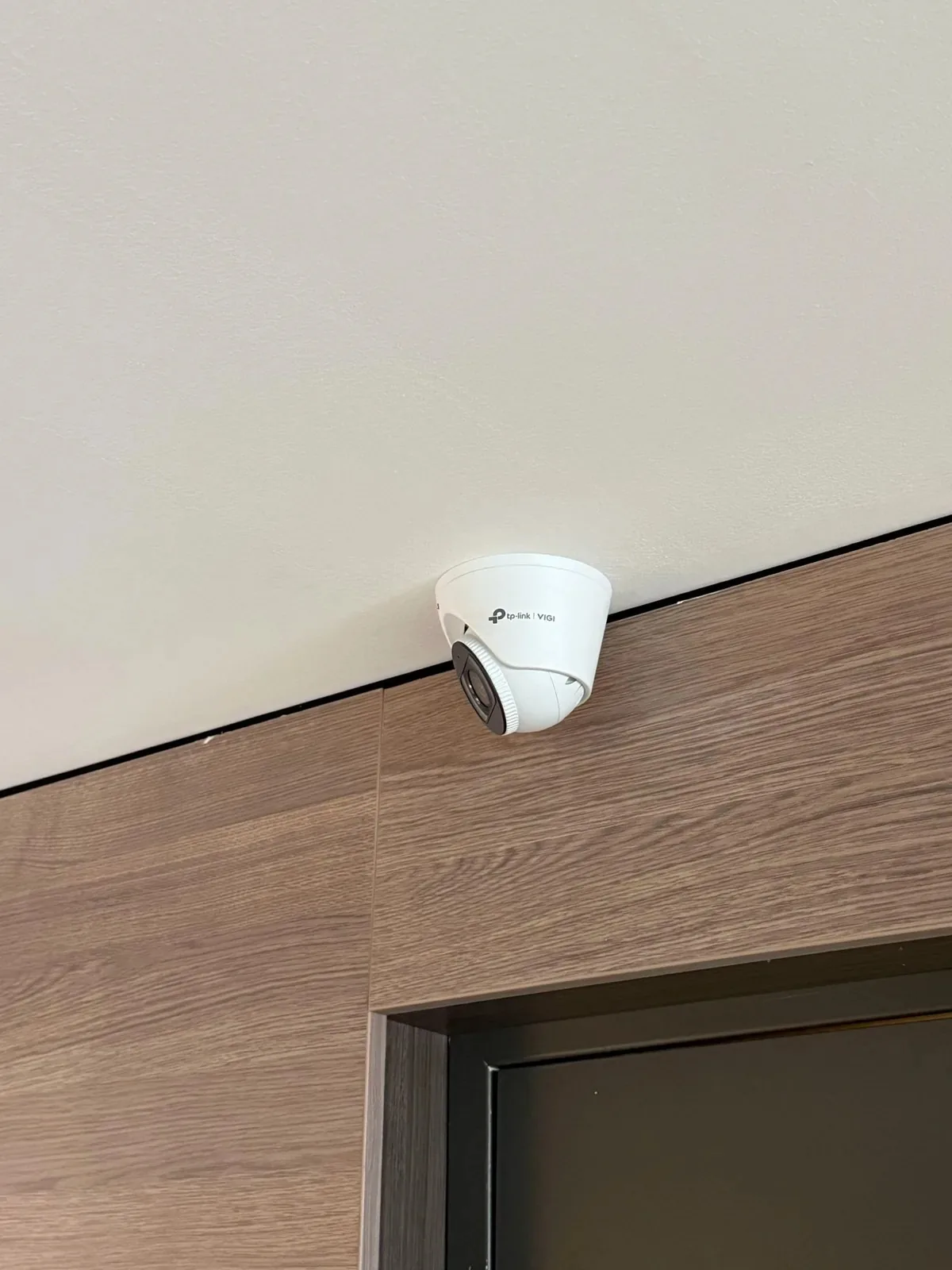 Witte VIGI InSight S485 tegen het plafond, boven een deur in een houten wand